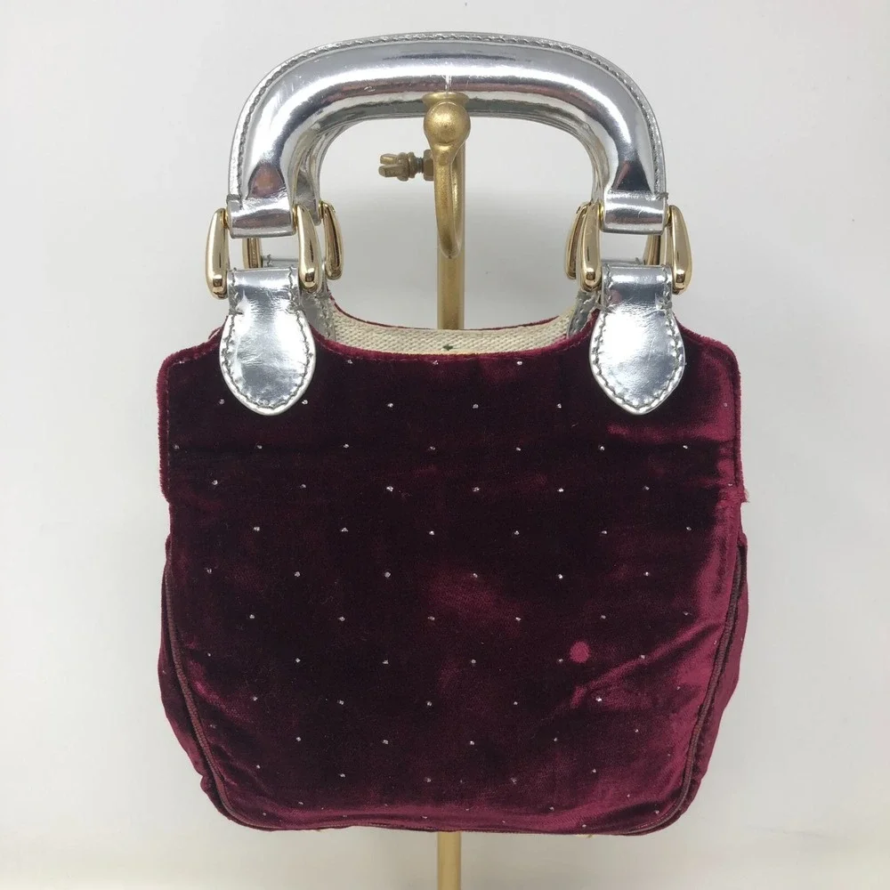 Fendi Velvet Handbag Small Burgundy‎ Red Needlepoint Chunky Handle Whimsigoth